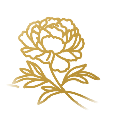 Pivoine dorée dessinée au trait, symbole de l'Aroma Yogathérapie Anuja Paris